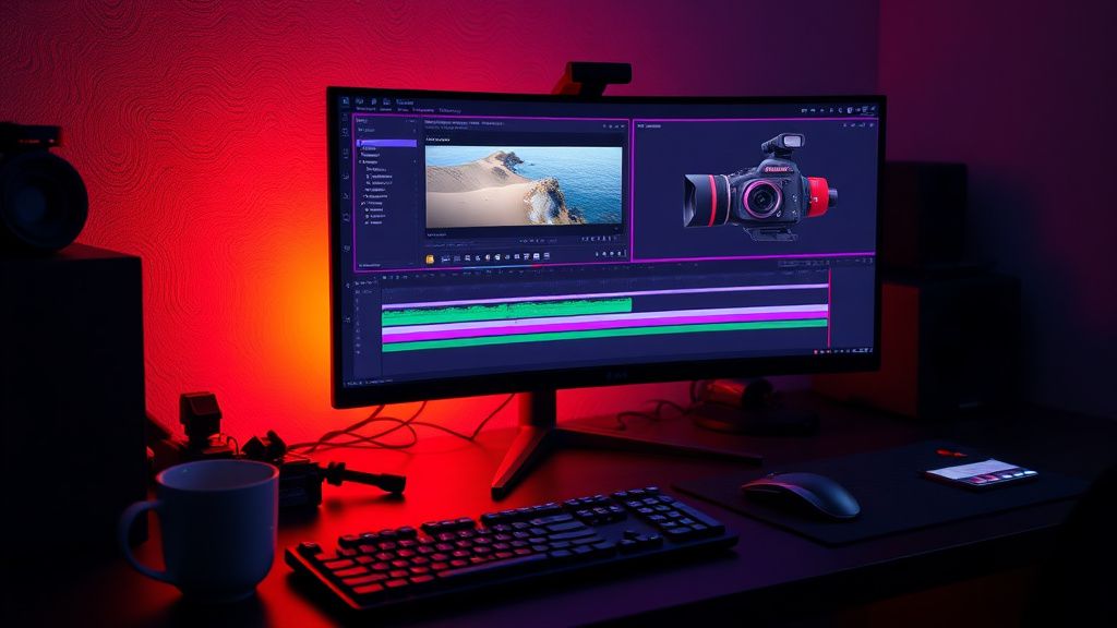 After Effects timeline with 3D camera shake keyframes on a monitor in a dark editing suite
