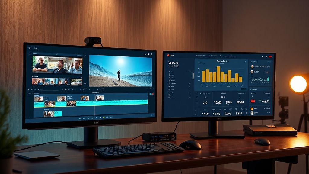 AI automated video editing workspace with dual monitors showing timeline and YouTube analytics