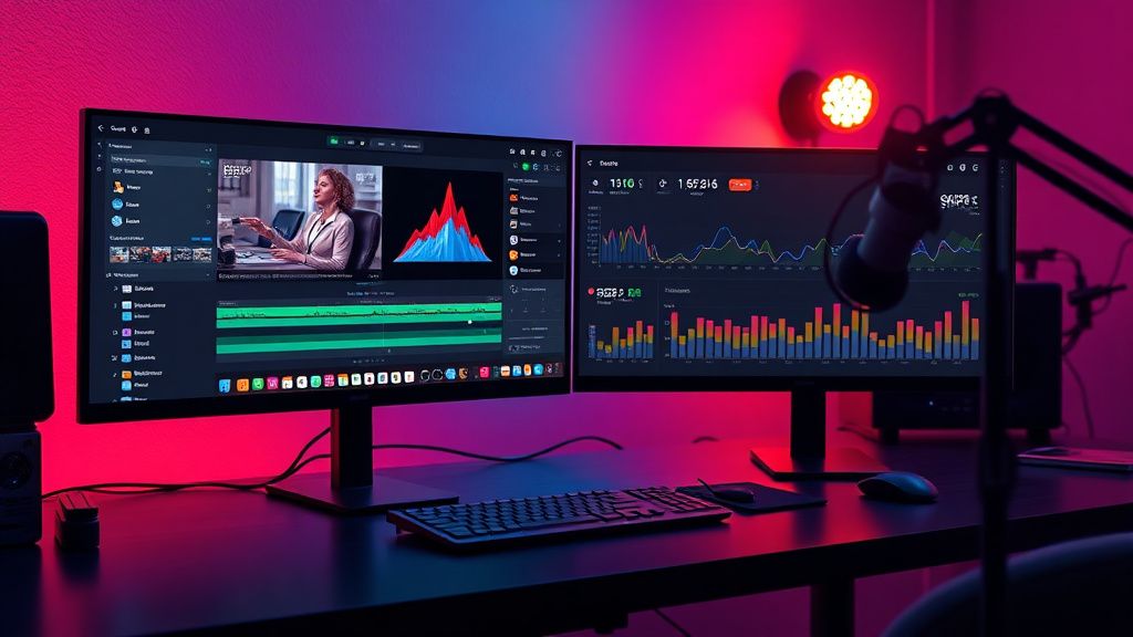 AI video editing automation software interface on dual monitors with YouTube Shorts analytics and professional studio lighting