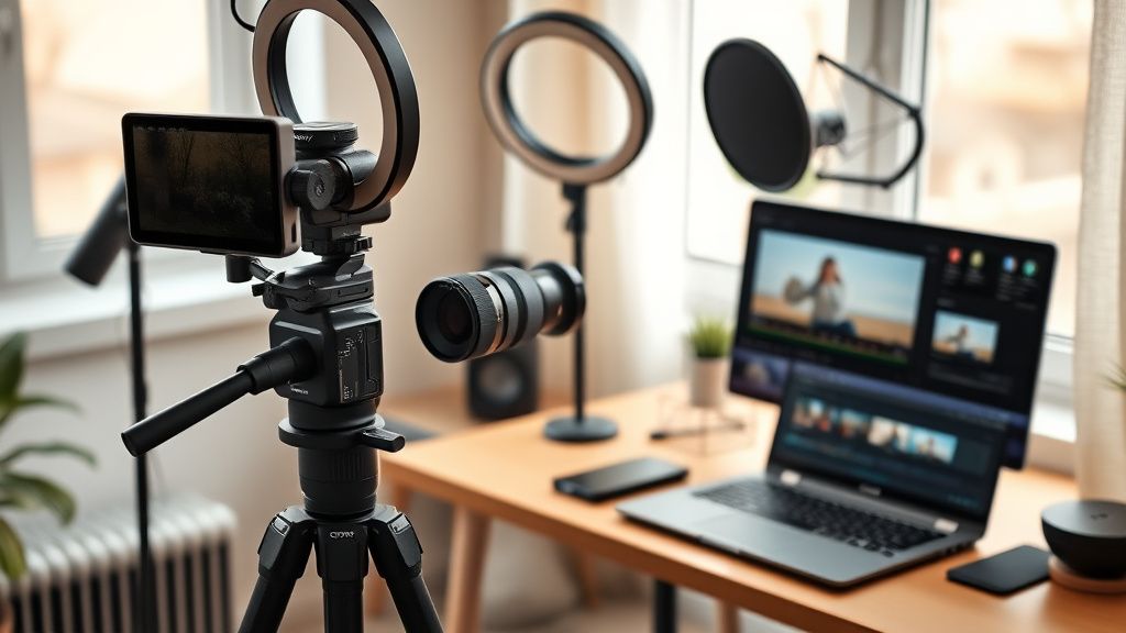 Beginner tech review creator setup with Sony camera, ring light, and editing laptop