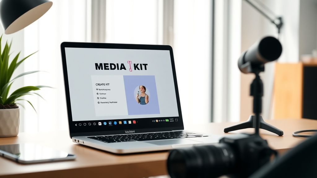 Creator preparing a brand deal proposal with media kit and rate card on laptop in a bright studio