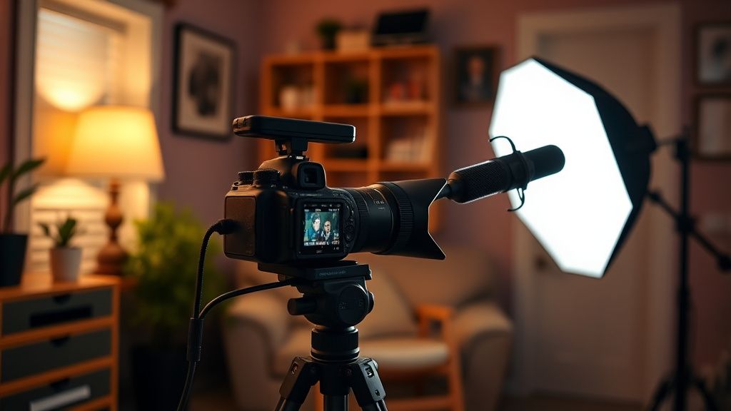 Budget-friendly interview lighting and audio setup with DSLR, softbox, and shotgun mic