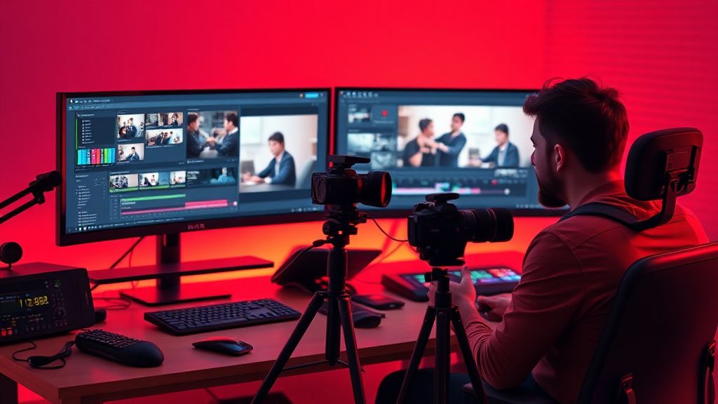 Two video creators collaborating on a tech review video in a studio with editing software on screens