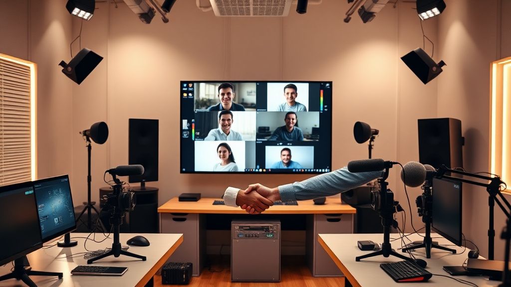 Two video creators collaborating in a studio with video editing equipment and a split-screen monitor