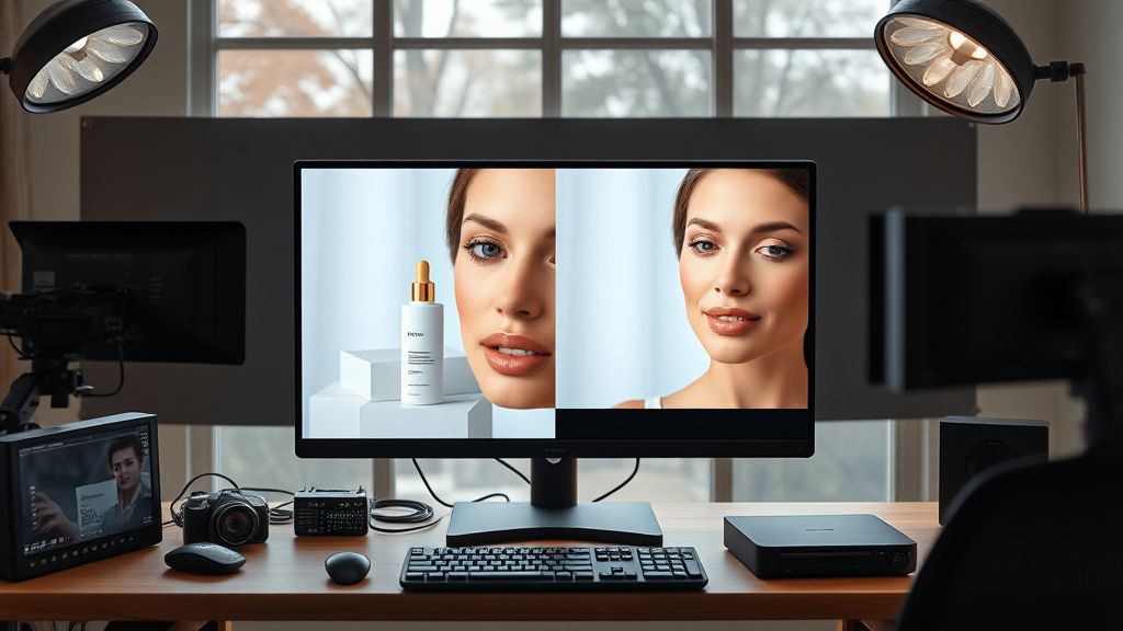 Color grading before and after comparison on a professional monitor in a studio