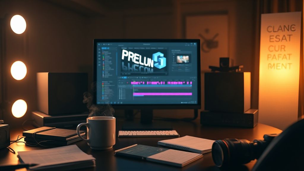 Empty video editing timeline in Premiere Pro with coffee and notes on desk in dimly lit studio