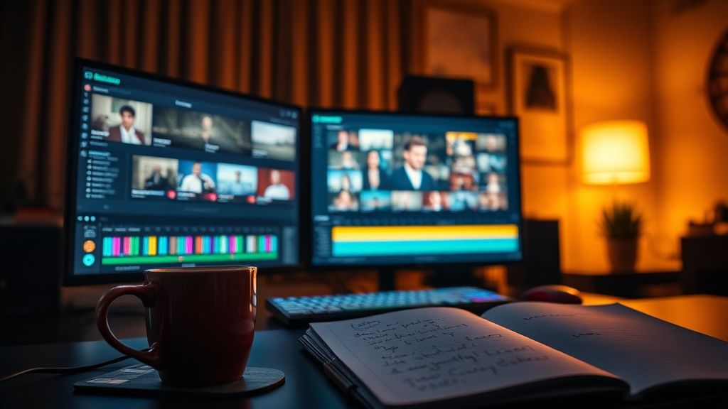 Video editor facing creative block in dimly lit studio with timeline on screen
