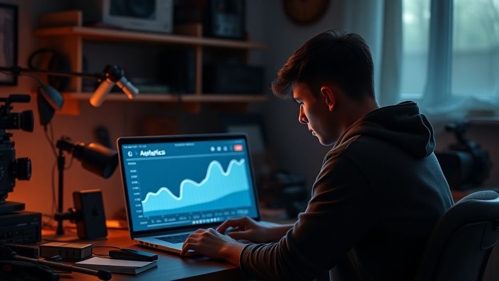 Creator feeling burnout after video flop, sitting at desk with laptop showing low YouTube views