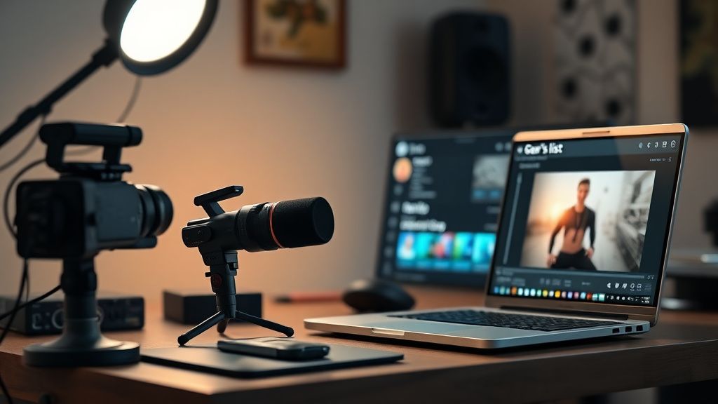 Creator's workspace with camera and laptop showing video editing and affiliate link placement
