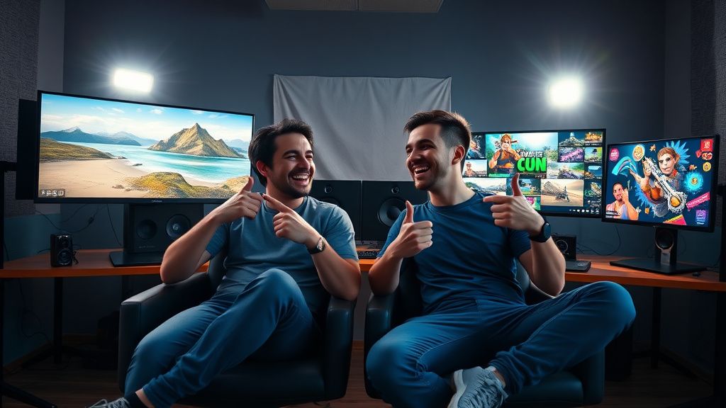 Two video creators collaborating in an editing suite with travel and gaming content on monitors