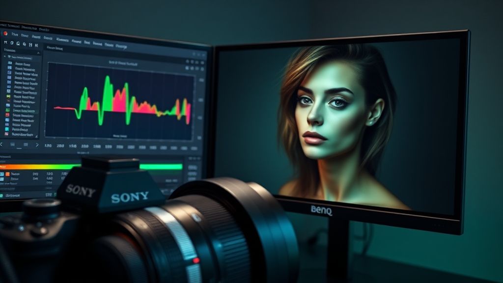 DaVinci Resolve color grading interface with vectorscope showing greenish skin tone on a Sony A7IV footage