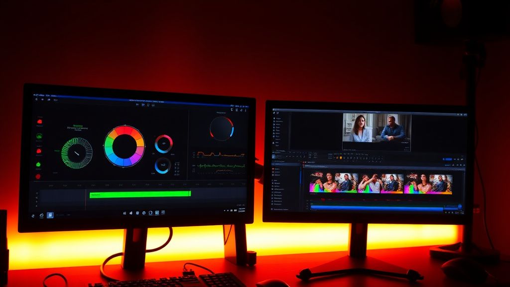 DaVinci Resolve color grading collaboration setup with dual monitors and scopes