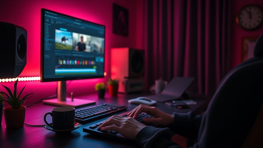 Video editor taking a break in a cozy editing suite with warm lighting and RGB backlight