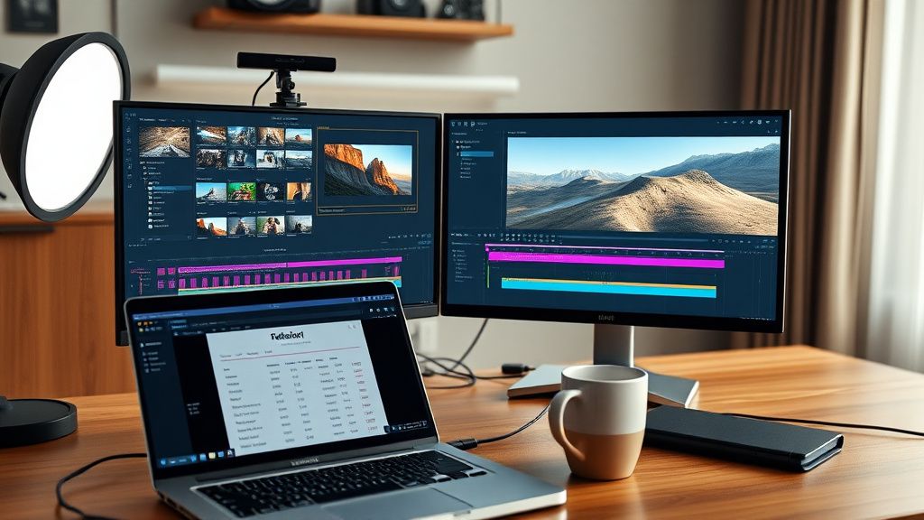 Freelance video editor pricing workspace with dual monitors and rate calculator