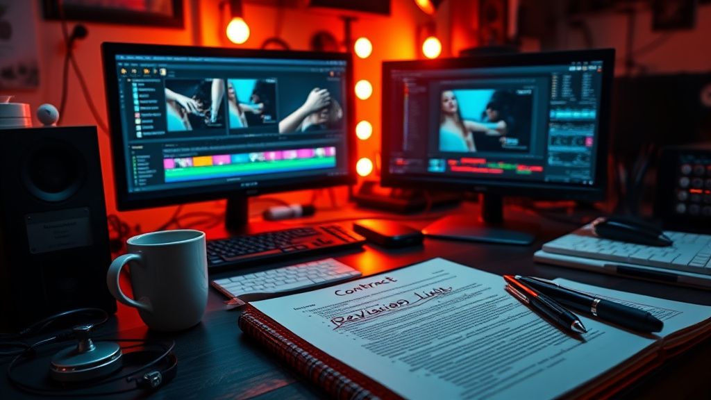 Video editing freelance workspace with contract and revision limits on desk