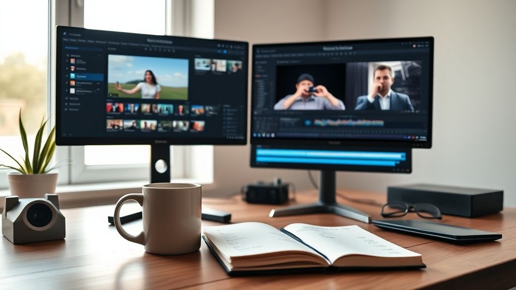 Freelance video editor workspace with pricing notes and editing timeline
