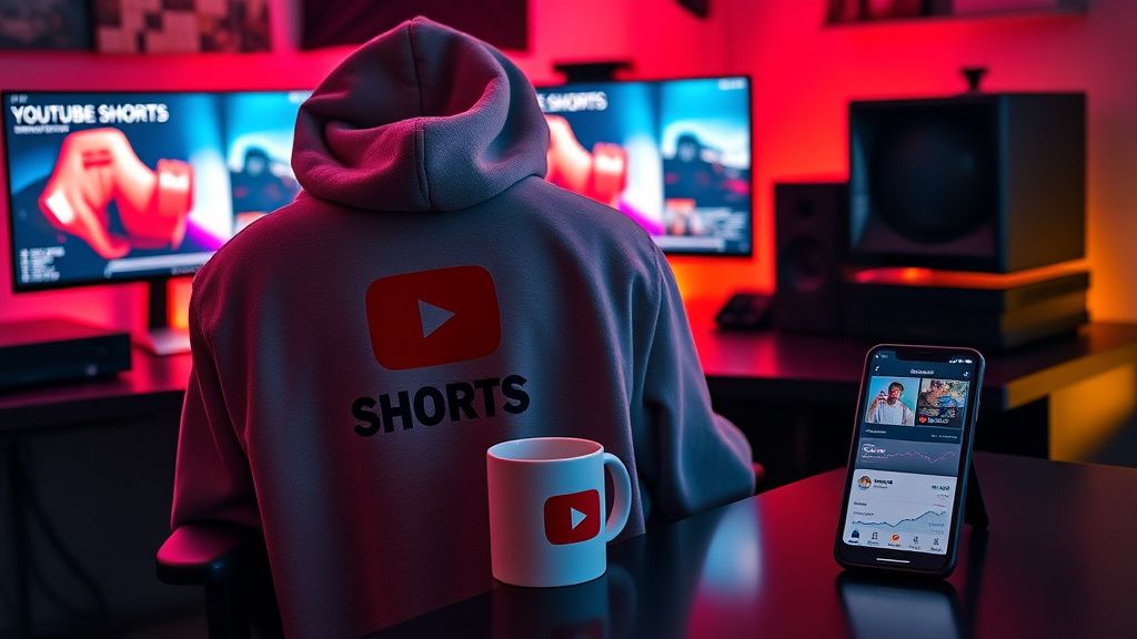Gaming content creator desk with custom merch hoodie and mug, YouTube Shorts analytics on smartphone, soft RGB lighting