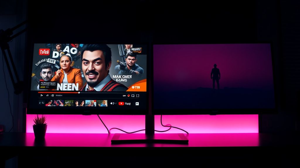 Comparison of cluttered vs minimalistic YouTube gaming thumbnails on a monitor in an editing suite