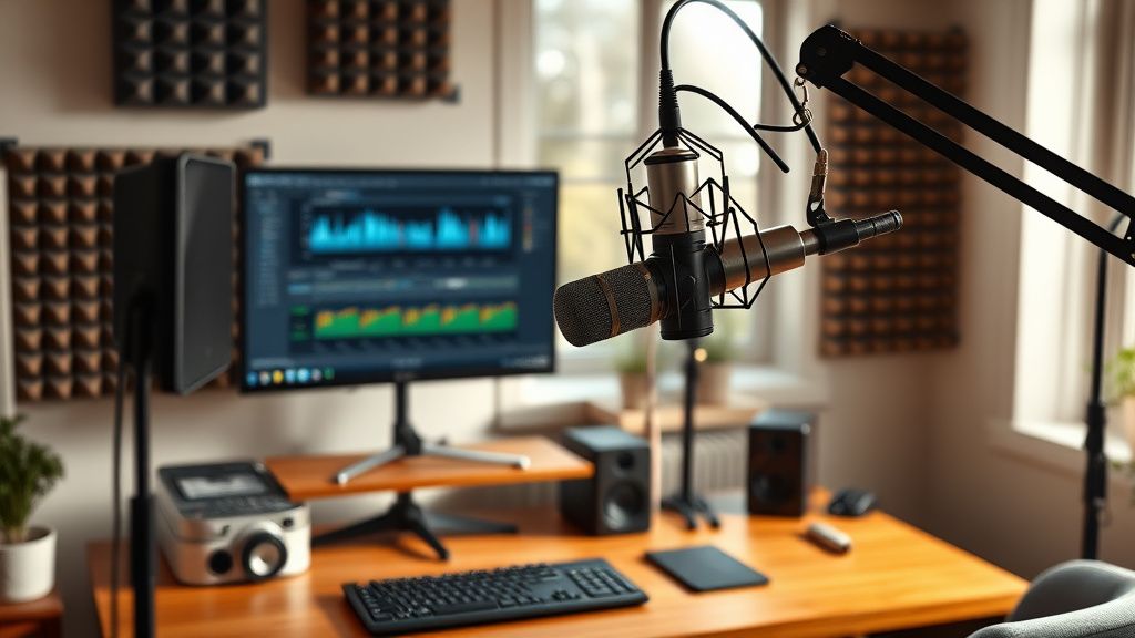 Home office recording setup with Rode NT-USB Mini microphone and acoustic treatment for better audio quality in YouTube videos
