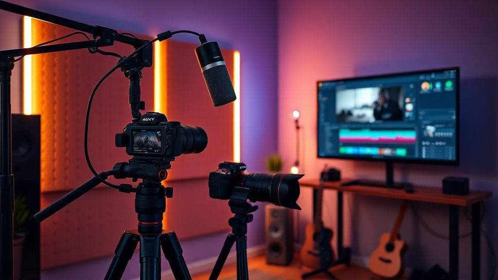 Home studio video production setup with camera, microphone, and editing software