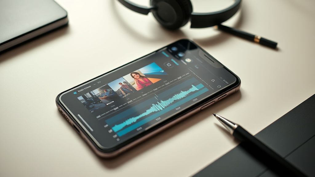 Mobile video editing app interface on a smartphone with timeline and audio tracks