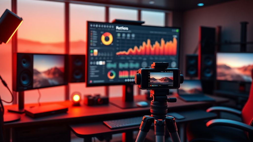 Video creator analyzing Instagram Reels algorithm metrics in a dark editing suite with RGB lighting