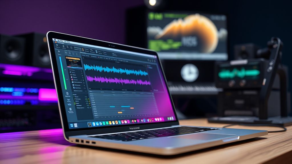 Editing suite with DAW software for royalty-free music selection