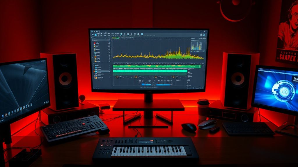 Video editor arranging royalty-free music tracks on a timeline in a dark editing suite with RGB lighting
