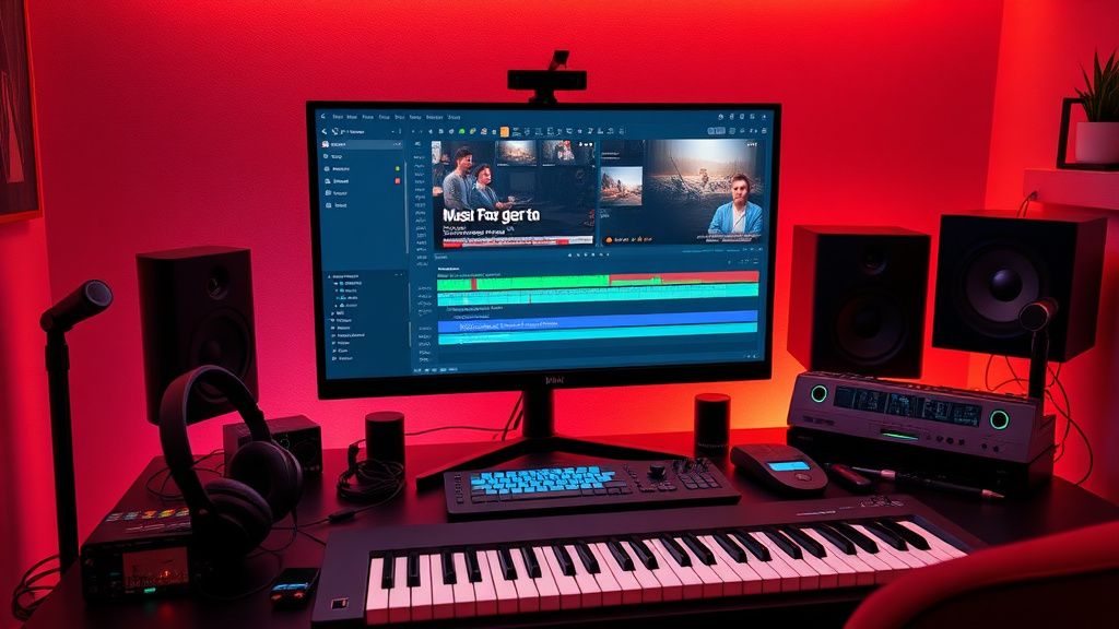 Video editor selecting royalty-free music from a library interface on a desktop monitor