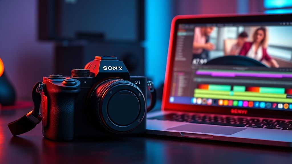 Sony A7 III camera and MacBook Pro with Adobe Premiere Pro 4K editing timeline