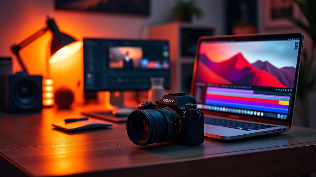 Sony A7 IV camera next to a MacBook Pro running DaVinci Resolve in a dimly lit editing studio