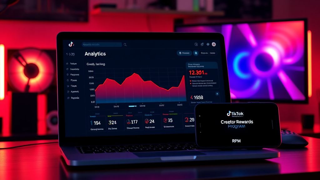 TikTok Creator Rewards Program analytics dashboard showing declining RPM rate on laptop with smartphone nearby