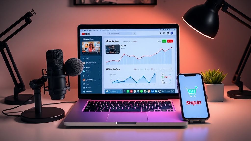 Video creator's desk with YouTube analytics and affiliate marketing dashboard on laptop