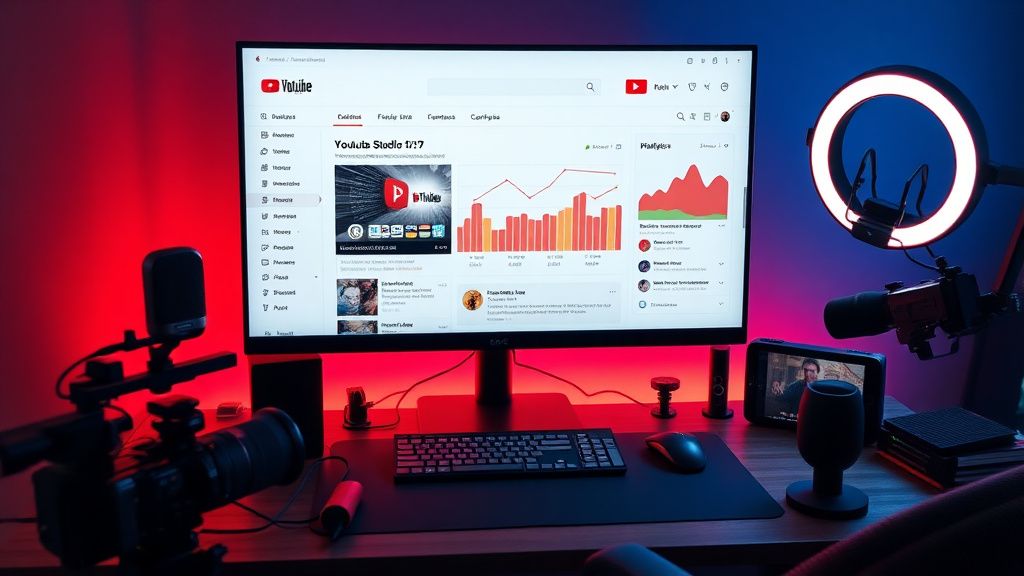 Video creator's desk with YouTube analytics and affiliate marketing tools on screen
