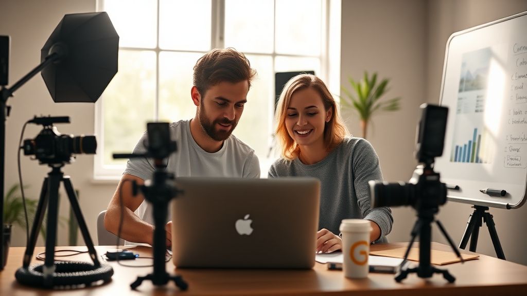 Two video creators planning a collaboration in a bright studio with camera gear and a whiteboard
