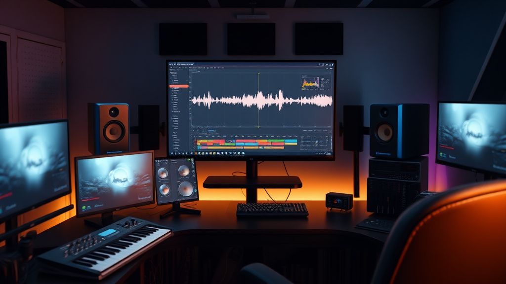 Video editor's desk with audio waveform on screen, studio monitors, and keyboard, representing royalty-free music selection for YouTube