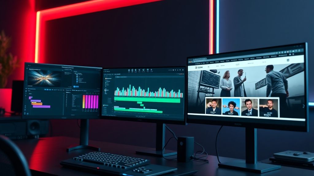 Video editor's desk with portfolio website and editing software on screens