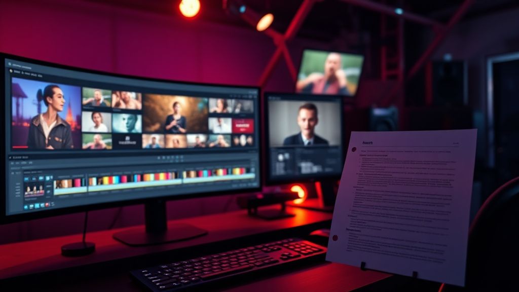 Video editor's workspace with scriptwriting notes and Premiere Pro timeline, illustrating the challenge of turning raw footage into a narrative