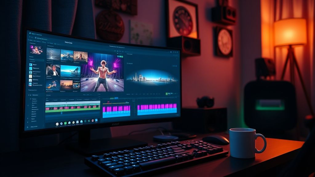 Video editor's workspace with Premiere Pro timeline and color grading scopes at night