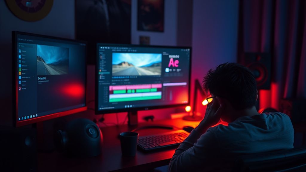 Video editor feeling burnt out at desk with editing timeline on screen at night