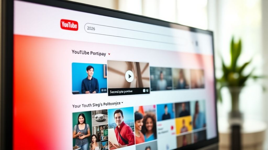 YouTube homepage in 2026 with hover preview showing video thumbnails and CTR metrics overlay