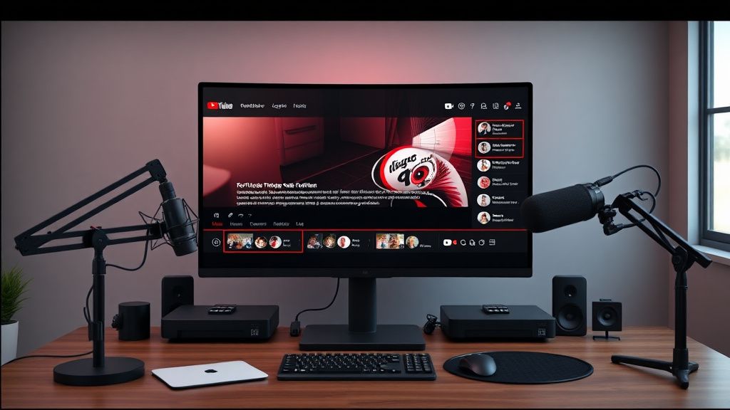 YouTube creator workspace with video description editor showing affiliate links for tech reviews