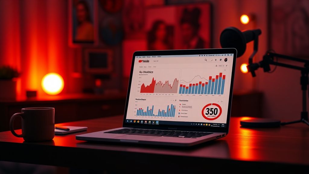 YouTube Analytics dashboard on a laptop screen with graphs and charts in a creator's studio