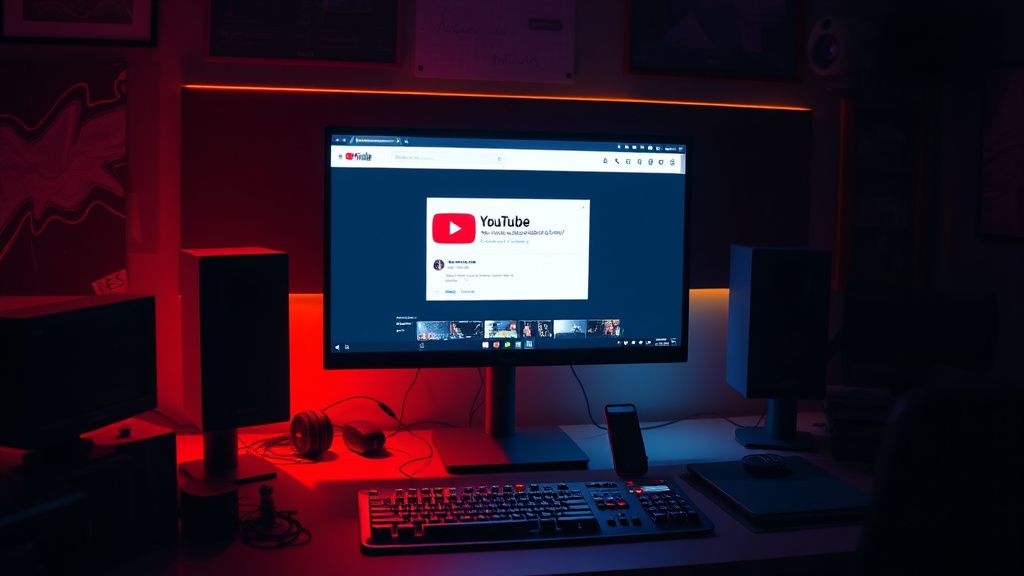 YouTube creator facing copyright claim on video editing monitor in dark studio