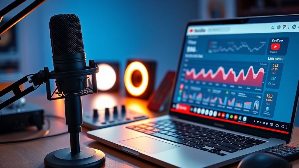 YouTube creator desk with audio gear and analytics dashboard showing growing views for sponsorship pricing