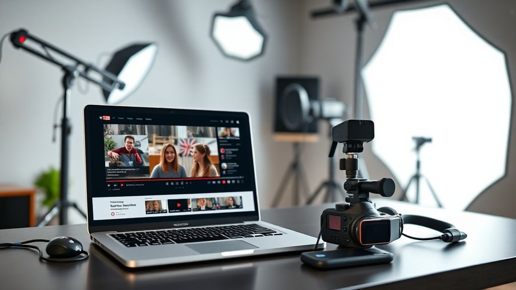 Content creator's desk with laptop displaying video description editor and affiliate links section, microphone and camera in background