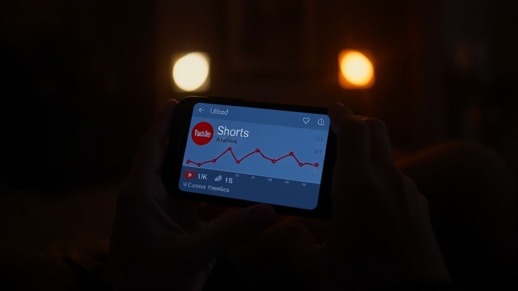 YouTube Shorts analytics showing zero views on a smartphone in a dark editing room