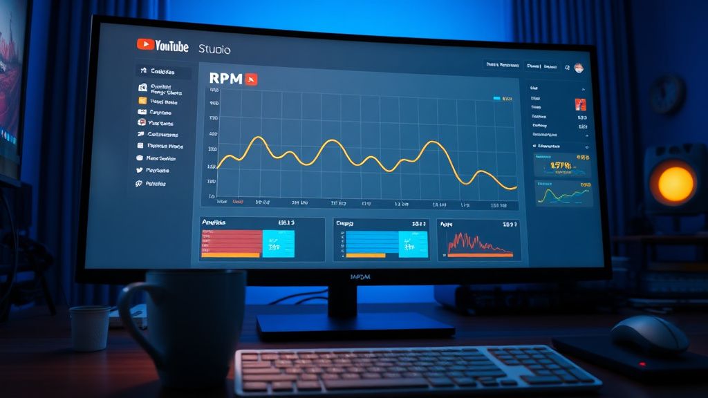 YouTube Studio analytics dashboard showing RPM decline on a modern desktop monitor